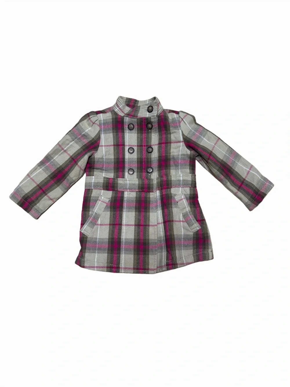 Old Navy Girls 2T Gray Pink Plaid Double Breasted Trench Coat Jacket Fall 2008